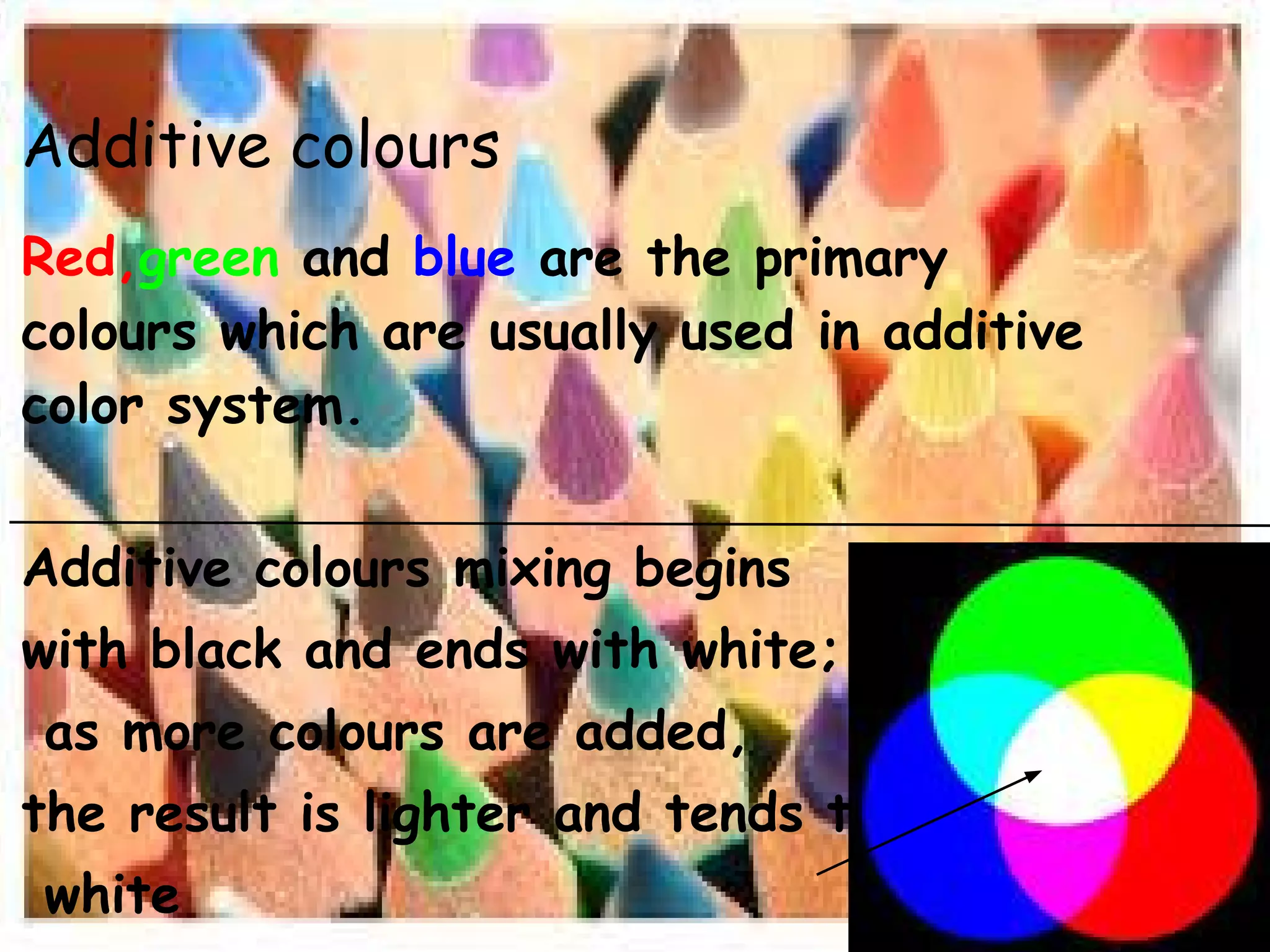 Additive colours
Red,green and blue are the primary
colours which are usually used in additive
color system.
Additive colours mixing begins
with black and ends with white;
as more colours are added,
the result is lighter and tends to
white
 