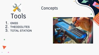 Concepts
1. GNSS
2. THEODOLITES
3. TOTAL STATION
Tools
 