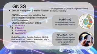 GNSS
▪ Global Navigation Satellite System
The capabilities of Global Navigation Satellite
Systems. Including
GNSS is a network of satellites that
provide location and time information
to GPS receivers.
GNSS performs using 4 criteria
1. Accuracy
2. Integrity
3. Continuity
4. Availability
MAPPING
Locate features that can
be incorporated into GIS
NAVIGATION
GNSS enables precise
location and navigation
using signals from
satellites.
Global Navigation Satellite Systems (GNSS)
such as GPS, GLONASS, and Galileo play a
vital role in point positioning.
 