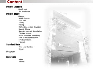 Project Location
Google map
Site surrounding
Project Study
Concept
Bubble diagram
Floor plan
Zoning
Parking
Horizontal & vertical circulation
Natural lighting
Natural & mechanical ventilation
Outdoor activities
Indoor – outdoor relationship
Form & elevation treatment
Structural systems
Materials
Standard Data
Time Saver Standard
Neufert
Program
Reference
Books
Internet
Content
 