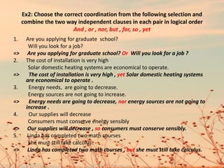 Ex2: Choose the correct coordination from the following selection and
combine the two way independent clauses in each pair in logical order
And , or , nor, but , for, so , yet
1. Are you applying for graduate school?
Will you look for a job?
=> Are you applying for graduate school? Or Will you look for a job ?
2. The cost of installation is very high
Solar domestic heating systems are economical to operate.
=> The cost of installation is very high , yet Solar domestic heating systems
are economical to operate .
3. Energy needs, are going to decrease.
Energy sources are not going to increase.
=> Energy needs are going to decrease, nor energy sources are not going to
increase .
4. Our supplies will decrease
Consumers must conserve energy sensibly
=> Our supplies will decrease , so consumers must conserve sensibly.
5. Linda has completed two math courses
She must still take calculus.
=> Linda has completed two math courses , but she must still take calculus.
 