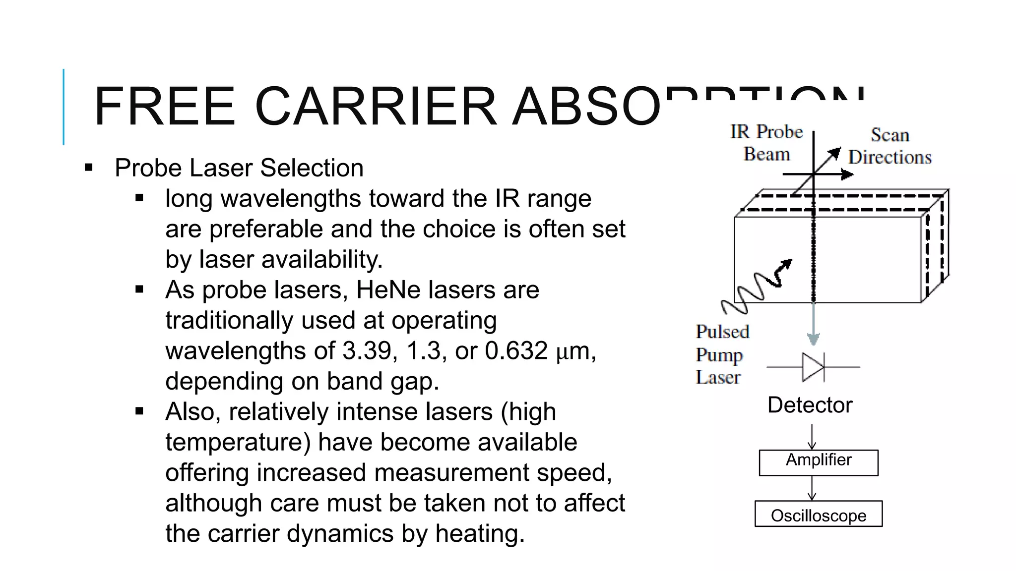 FREE CARRIER ABSORPTION
 Probe Laser Selection
 long wavelengths toward the IR range
are preferable and the choice is often set
by laser availability.
 As probe lasers, HeNe lasers are
traditionally used at operating
wavelengths of 3.39, 1.3, or 0.632 μm,
depending on band gap.
 Also, relatively intense lasers (high
temperature) have become available
offering increased measurement speed,
although care must be taken not to affect
the carrier dynamics by heating.
Detector
Amplifier
Oscilloscope
 