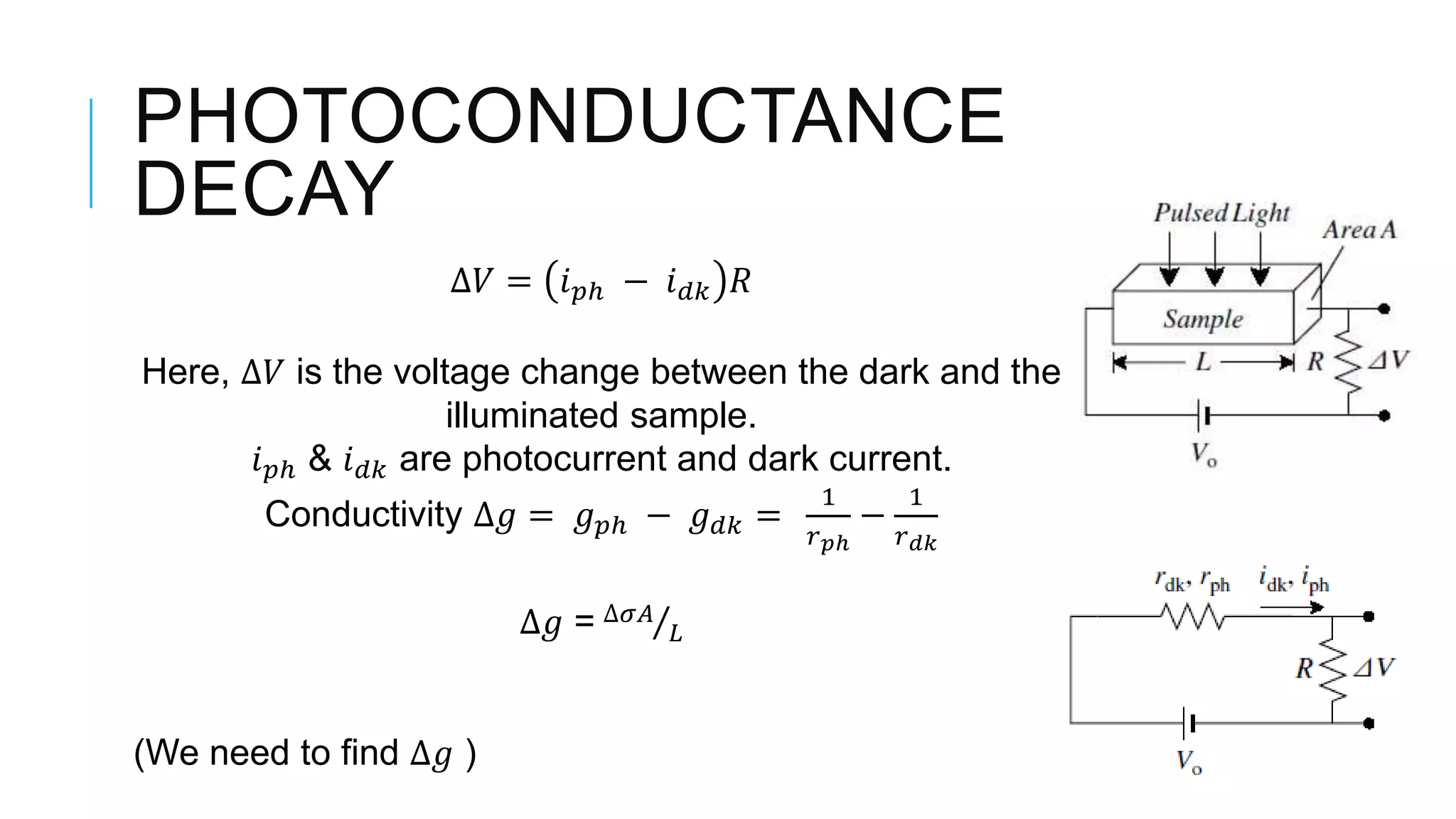 PHOTOCONDUCTANCE
DECAY
∆𝑉 = 𝑖 𝑝ℎ − 𝑖 𝑑𝑘 𝑅
Here, ∆𝑉 is the voltage change between the dark and the
illuminated sample.
𝑖 𝑝ℎ & 𝑖 𝑑𝑘 are photocurrent and dark current.
Conductivity ∆𝑔 = 𝑔 𝑝ℎ − 𝑔 𝑑𝑘 =
1
𝑟 𝑝ℎ
−
1
𝑟 𝑑𝑘
∆𝑔 = ∆𝜎𝐴
𝐿
(We need to find ∆𝑔 )
 