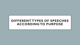 DIFFERENT TYPES OF SPEECHES
ACCORDING TO PURPOSE
 