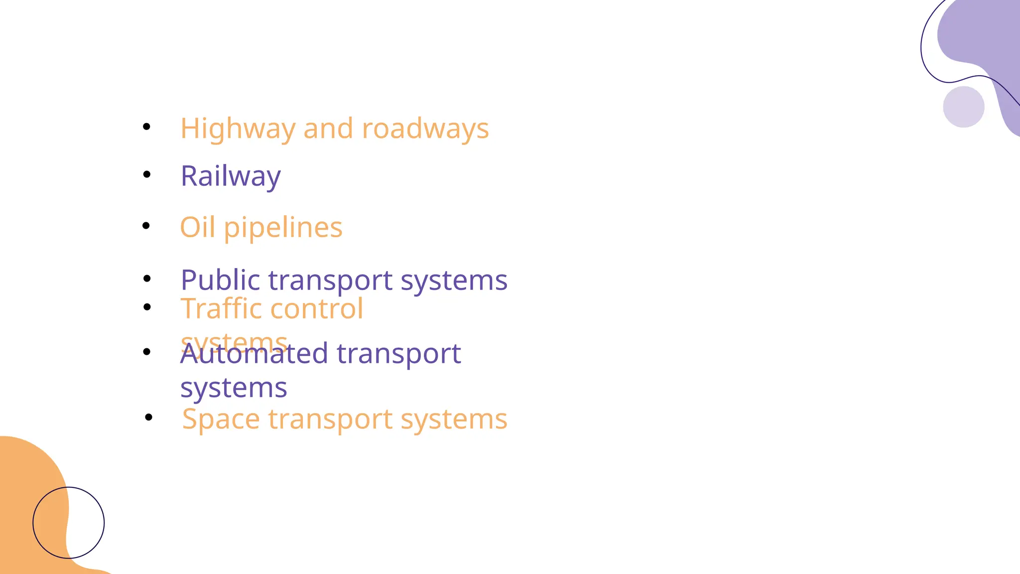 • Highway and roadways
• Railway
• Oil pipelines
• Public transport systems
• Traffic control
systems
• Automated transport
systems
• Space transport systems
 