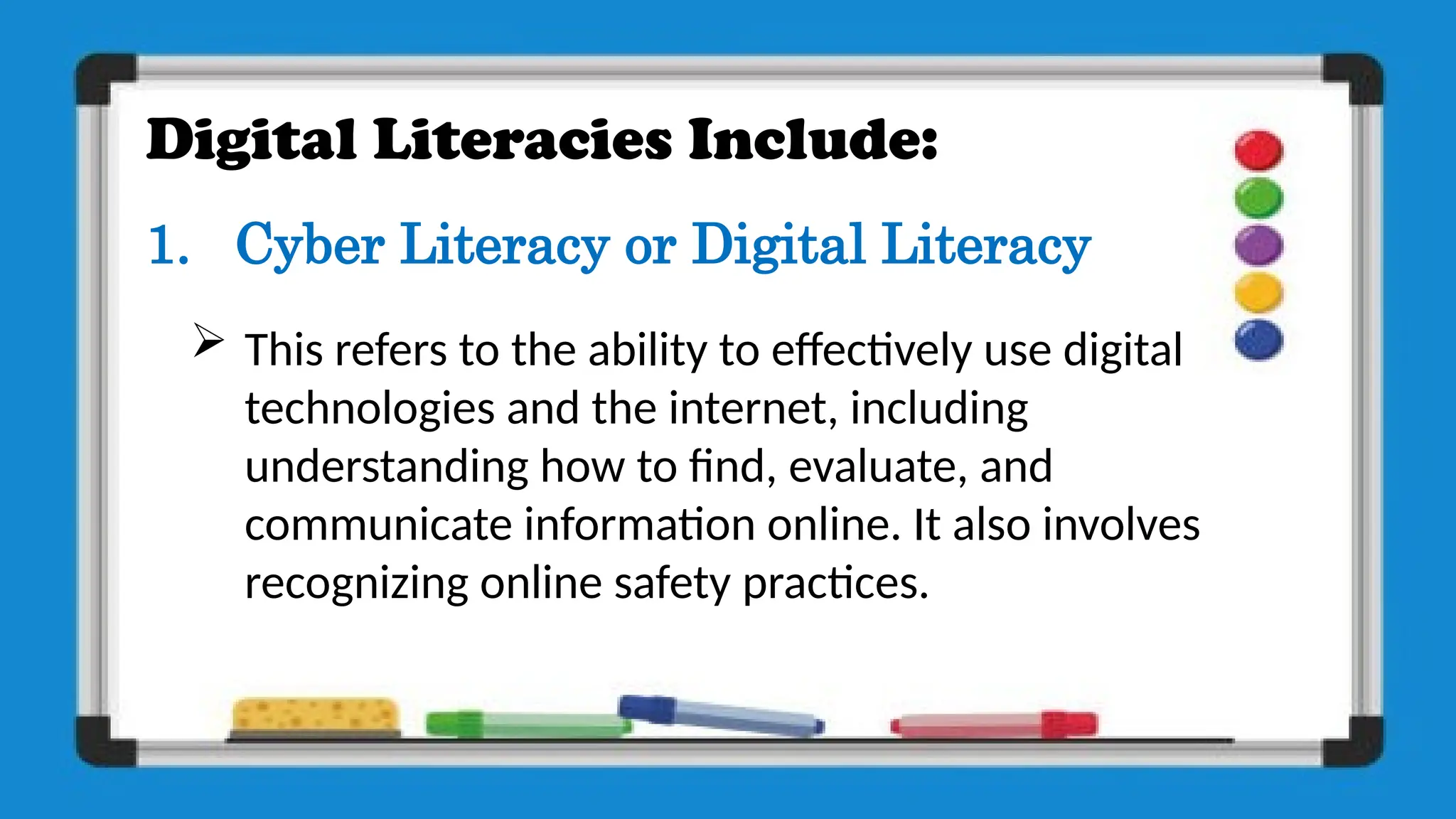 Digital Literacies Include:
1. Cyber Literacy or Digital Literacy
 This refers to the ability to effectively use digital
technologies and the internet, including
understanding how to find, evaluate, and
communicate information online. It also involves
recognizing online safety practices.
 