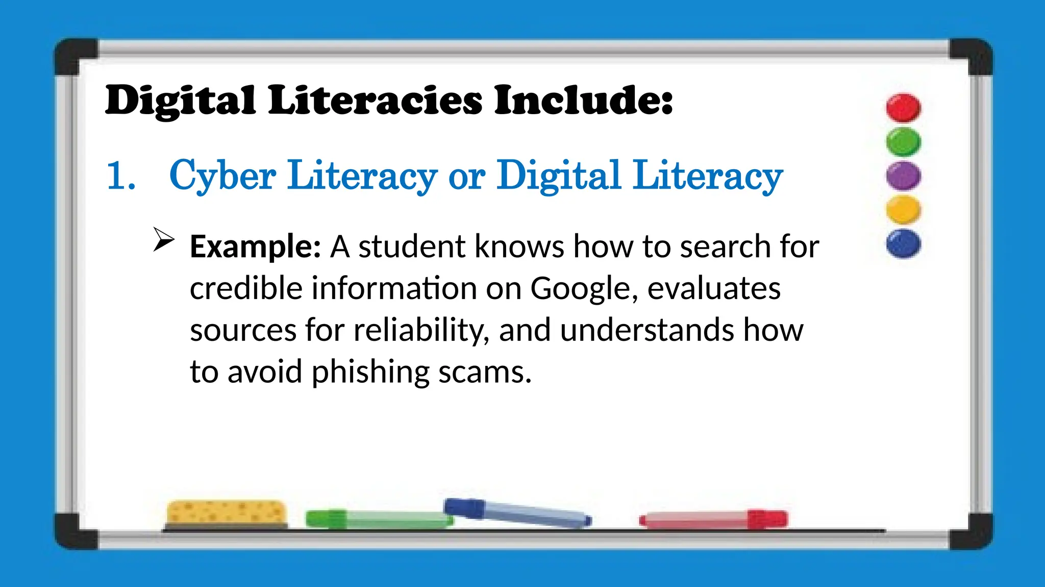 Digital Literacies Include:
1. Cyber Literacy or Digital Literacy
 Example: A student knows how to search for
credible information on Google, evaluates
sources for reliability, and understands how
to avoid phishing scams.
 