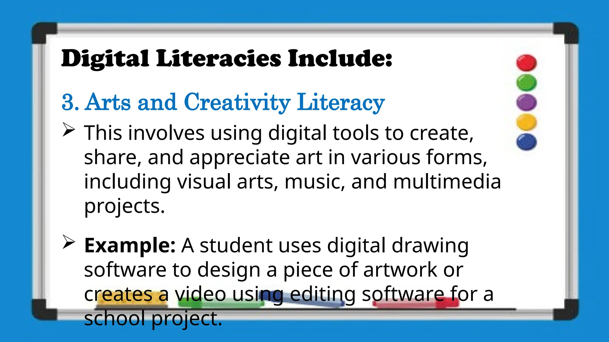 Digital Literacies Include:
3. Arts and Creativity Literacy
 This involves using digital tools to create,
share, and appreciate art in various forms,
including visual arts, music, and multimedia
projects.
 Example: A student uses digital drawing
software to design a piece of artwork or
creates a video using editing software for a
school project.
 