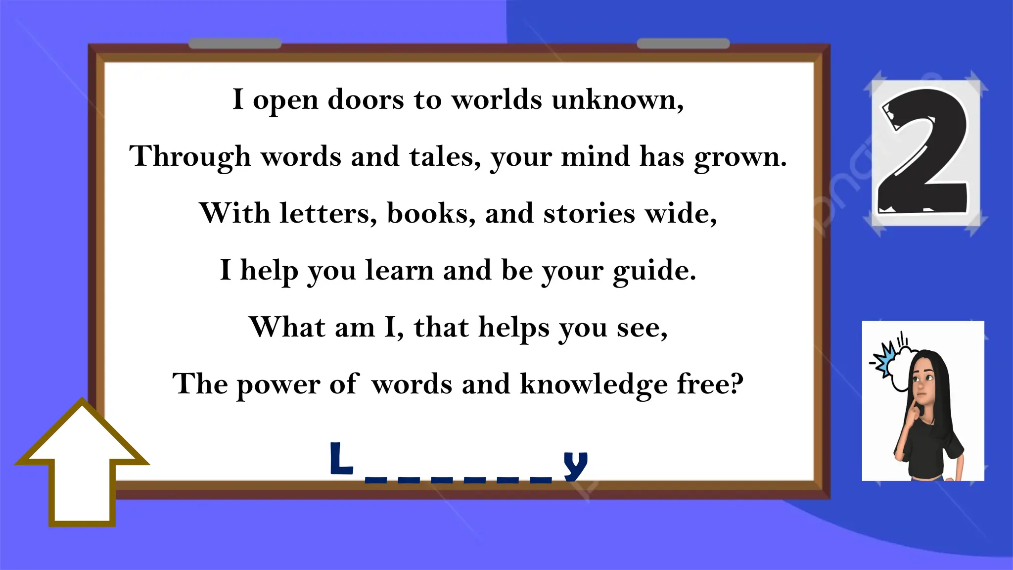 I open doors to worlds unknown,
Through words and tales, your mind has grown.
With letters, books, and stories wide,
I help you learn and be your guide.
What am I, that helps you see,
The power of words and knowledge free?
L _ _ _ _ _ _ y
 