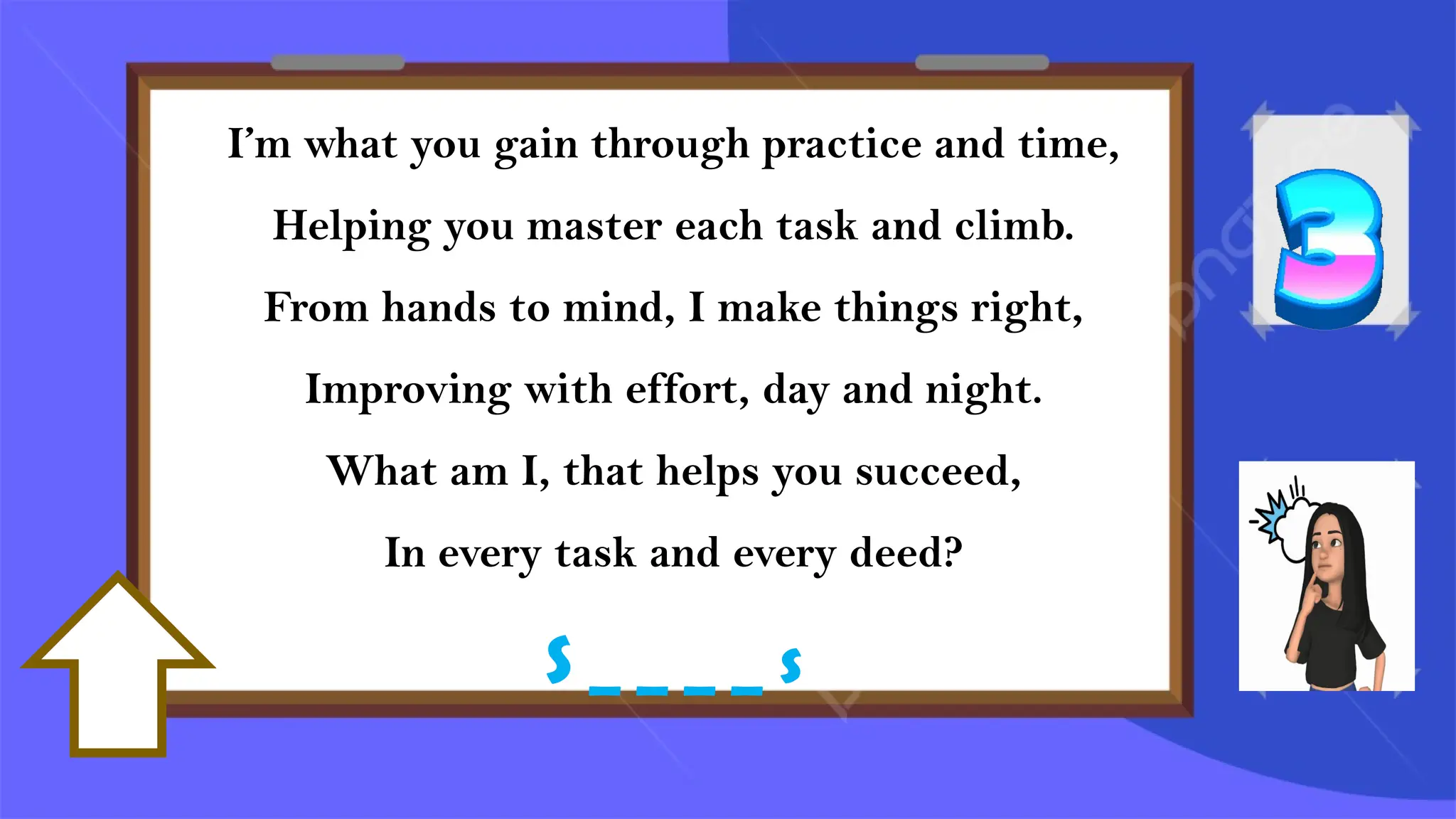 I’m what you gain through practice and time,
Helping you master each task and climb.
From hands to mind, I make things right,
Improving with effort, day and night.
What am I, that helps you succeed,
In every task and every deed?
S _ _ _ _ s
 