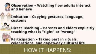 • Observation – Watching how adults interact
and behave
• Imitation – Copying gestures, language,
customs
• Direct Teaching – Parents and elders explicitly
teaching what is "right" or "wrong"
• Participation – Taking part in rituals,
celebrations, and day-to-day cultural life
HOW IT HAPPENS:
 