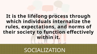 It is the lifelong process through
which individuals internalize the
rules, expectations, and norms of
their society to function effectively
within it.
SOCIALIZATION
 