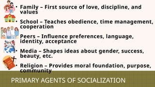 • Family – First source of love, discipline, and
values
• School – Teaches obedience, time management,
cooperation
• Peers – Influence preferences, language,
identity, acceptance
• Media – Shapes ideas about gender, success,
beauty, etc.
• Religion – Provides moral foundation, purpose,
community
PRIMARY AGENTS OF SOCIALIZATION
 