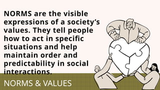 NORMS are the visible
expressions of a society’s
values. They tell people
how to act in specific
situations and help
maintain order and
predictability in social
interactions.
NORMS & VALUES
 