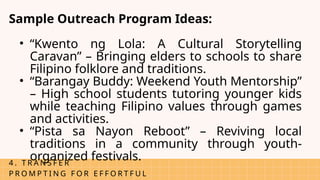 4 . T R A N S F E R
P R O M P T I N G F O R E F F O R T F U L
Sample Outreach Program Ideas:
• “Kwento ng Lola: A Cultural Storytelling
Caravan” – Bringing elders to schools to share
Filipino folklore and traditions.
• “Barangay Buddy: Weekend Youth Mentorship”
– High school students tutoring younger kids
while teaching Filipino values through games
and activities.
• “Pista sa Nayon Reboot” – Reviving local
traditions in a community through youth-
organized festivals.
 