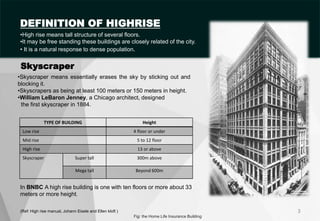 (Ref: High rise manual, Johann Eisele and Ellen kloft ) 3
•Skyscraper means essentially erases the sky by sticking out and
blocking it.
•Skyscrapers as being at least 100 meters or 150 meters in height.
•William LeBaron Jenney, a Chicago architect, designed
the first skyscraper in 1884.
Skyscraper
Fig: the Home Life Insurance Building
TYPE OF BUILDING Height
Low rise 4 floor or under
Mid rise 5 to 12 floor
High rise 13 or above
Skyscraper Super tall 300m above
Mega tall Beyond 600m
In BNBC A high rise building is one with ten floors or more about 33
meters or more height.
•High rise means tall structure of several floors.
•It may be free standing these buildings are closely related of the city.
• It is a natural response to dense population.
DEFINITION OF HIGHRISE
 