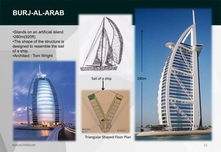 31
Triangular Shaped Floor Plan
Sail of a ship
www.archidaily.com
BURJ-AL-ARAB
•Stands on an artificial island
•280m(920ft)
•The shape of the structure is
designed to resemble the sail
of a ship.
•Architect : Tom Wright
280m
 