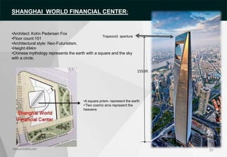 39
•A square prism- represent the earth
•‘Two cosmic arcs represent the
heavens
www.archidaily.com
SHANGHAI WORLD FINANCIAL CENTER:
•Architect: Kohn Pedersen Fox
•Floor count:101
•Architectural style: Neo-Futuristism.
•Height:494m
•Chinese mythology represents the earth with a square and the sky
with a circle.
1555ft
Trapezoid aperture
 
