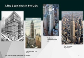 (Ref: High rise manual, Johann Eisele and Ellen kloft ) 7
The block
The Block and The
Tower
The Zoning laws
The wedding cake
style
The American
Skyscraper
1.The Beginnings in the USA
 