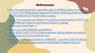References:
• http://ojs.aaresearhindex.com/index.php/AAJMRA/article/view/10873
#:~:text=The%20findings%represent%20that%20being,embarrassmen
t%20%20afraid%2C%and%20nervouness
• https://www.google.com/amp/s/www.philstar.com/headlines/2022/11/2
7/2226666/government-urged-boost-learners-reading-
proficiency/amp/?espv=1
• https://www.bworldonline.com/editors-
picks/2020/12/03/331914/filipino-students-falling-behind-in-reading-
and-writing-levels-in-southeast-asia/
• https://www.pna.gov.ph/articles/1080820#:~:text=the%20UN%20said
%20the%20literacy,improvement%20fromthe%20past%20years
 