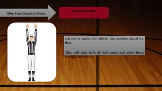 Other Hand Signals to Know:
Three-Point Make
attempt is made, the official has another signal for
that.
They will take both of their arms and place them
straight into the air.
 