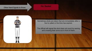 Other Hand Signals to Know:
No Basket
Sometimes shots are taken that are immediately after a
foul is called or the time has expired.
The official will signal the shot does not count by waving
and crossing their arms out in front of them.
 