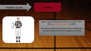 Violation Signals: Traveling
When a player illegally moves one or both of their
feet, a traveling violation is called.
The referee will put both arms in front of their face
and move them in a circle to signal a traveling.
 