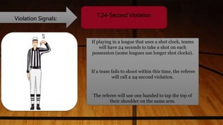 Violation Signals:
7.24-Second Violation
If playing in a league that uses a shot clock, teams
will have 24 seconds to take a shot on each
possession (some leagues use longer shot clocks).
If a team fails to shoot within this time, the referee
will call a 24-second violation.
The referee will use one handed to tap the top of
their shoulder on the same arm.
 