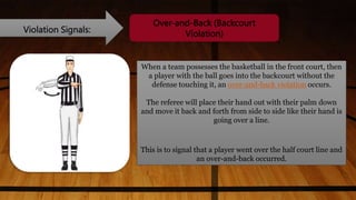 Violation Signals:
Over-and-Back (Backcourt
Violation)
When a team possesses the basketball in the front court, then
a player with the ball goes into the backcourt without the
defense touching it, an over-and-back violation occurs.
The referee will place their hand out with their palm down
and move it back and forth from side to side like their hand is
going over a line.
This is to signal that a player went over the half court line and
an over-and-back occurred.
 