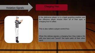 Violation Signals:
Charging Foul
If the defensive player is in a legal guarding position and
the offensive player knocks them off of their spot, a
charging foul is called.
This is also called a player-control foul.
When the referee signals a charging foul, they make a fist
with one hand and "punch" the open palm of their other
hand.
 