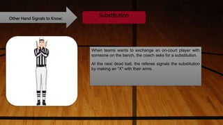 Other Hand Signals to Know:
Substitution
When teams wants to exchange an on-court player with
someone on the bench, the coach asks for a substitution.
At the next dead ball, the referee signals the substitution
by making an "X" with their arms.
 
