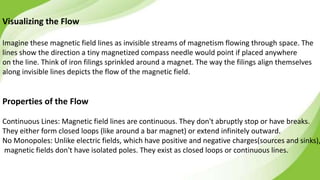 Visualizing the Flow
Imagine these magnetic field lines as invisible streams of magnetism flowing through space. The
lines show the direction a tiny magnetized compass needle would point if placed anywhere
on the line. Think of iron filings sprinkled around a magnet. The way the filings align themselves
along invisible lines depicts the flow of the magnetic field.
Properties of the Flow
Continuous Lines: Magnetic field lines are continuous. They don't abruptly stop or have breaks.
They either form closed loops (like around a bar magnet) or extend infinitely outward.
No Monopoles: Unlike electric fields, which have positive and negative charges(sources and sinks),
magnetic fields don't have isolated poles. They exist as closed loops or continuous lines.
 