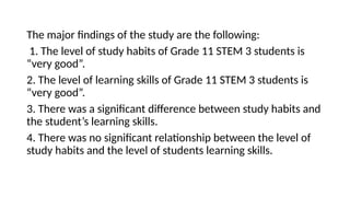 Study habits and Learning Skills among Grade 11 Students | PPTX