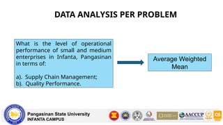 DATA ANALYSIS PER PROBLEM
Pangasinan State University
INFANTA CAMPUS
What is the level of operational
performance of small and medium
enterprises in Infanta, Pangasinan
in terms of:
a). Supply Chain Management;
b). Quality Performance.
Average Weighted
Mean
 