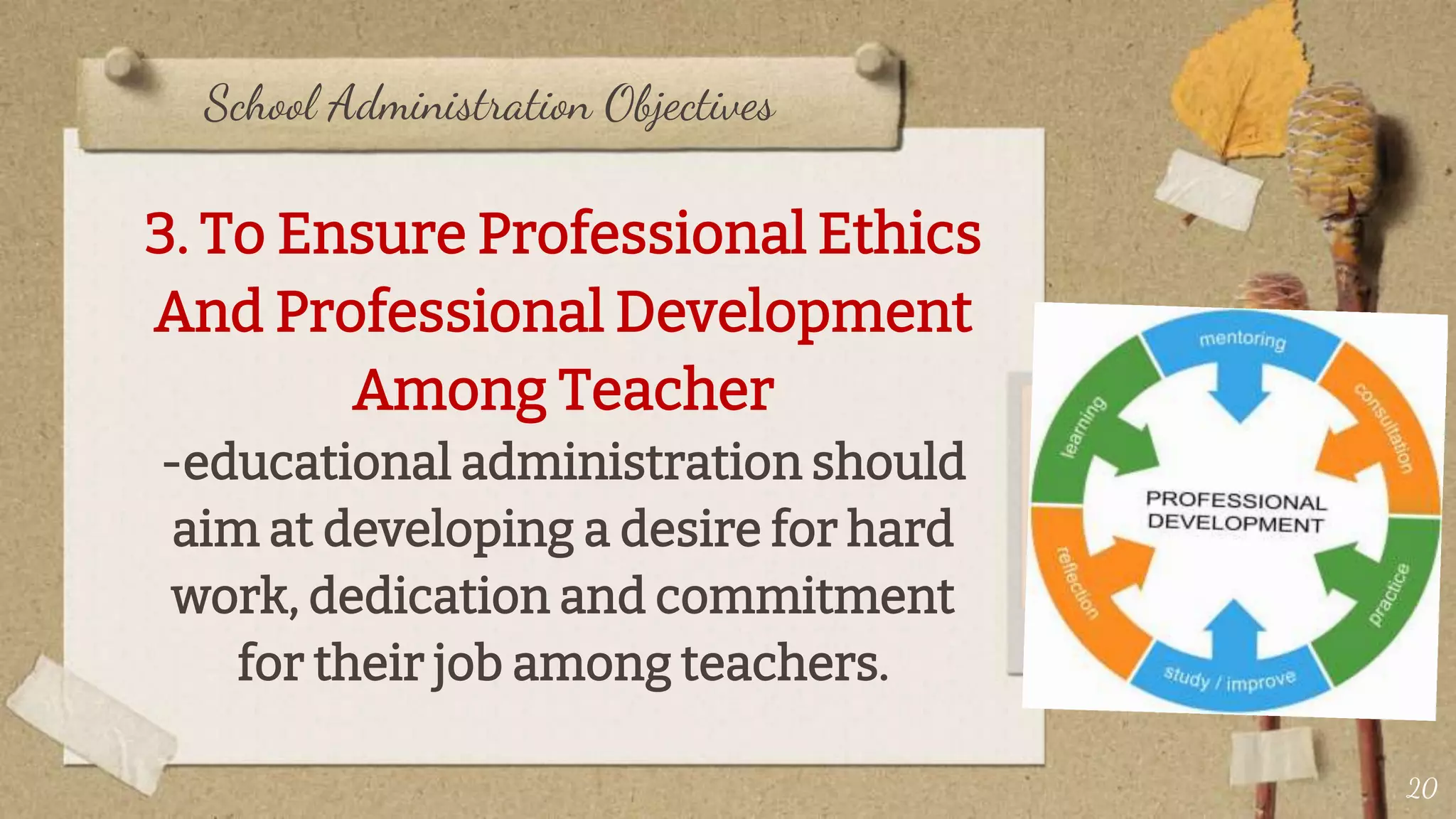School Administration Objectives
3. To Ensure Professional Ethics
And Professional Development
Among Teacher
-educational administration should
aim at developing a desire for hard
work, dedication and commitment
for their job among teachers.
20
 