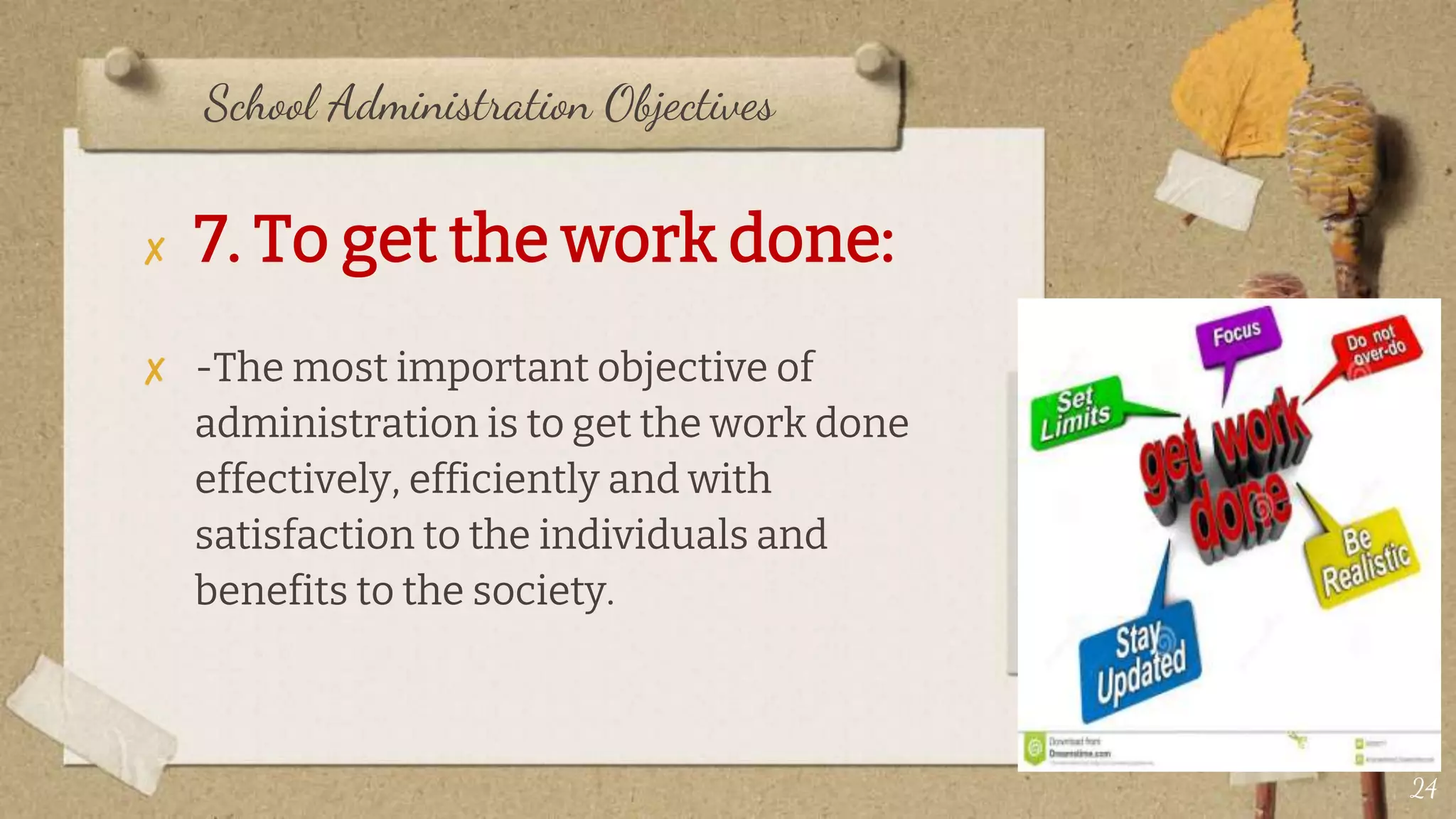 School Administration Objectives
✘ 7. To get the work done:
✘ -The most important objective of
administration is to get the work done
effectively, efficiently and with
satisfaction to the individuals and
benefits to the society.
24
 
