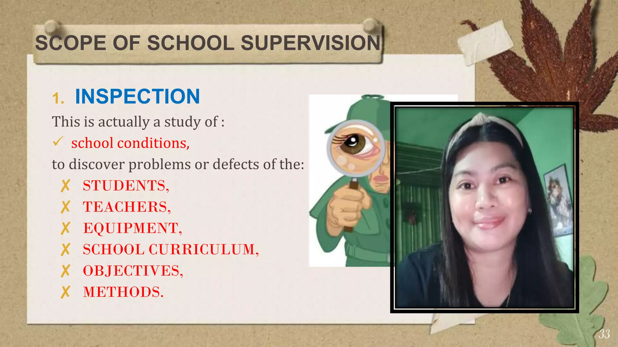 SCOPE OF SCHOOL SUPERVISION
1. INSPECTION
This is actually a study of :
 school conditions,
to discover problems or defects of the:
✘ STUDENTS,
✘ TEACHERS,
✘ EQUIPMENT,
✘ SCHOOL CURRICULUM,
✘ OBJECTIVES,
✘ METHODS.
33
 