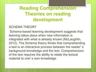 Reading Comprehension
Theories on reading
development
SCHEMA THEORY
Schema-based learning development suggests that
learning takes place when new information is
integrated with what is already known (McLaughlin,
2012). The Schema theory thinks that comprehending
a text is an interactive process between the reader' s
background knowledge and the text. Comprehension
of the text requires the ability to relate the textual
material to one' s own knowledge.
 