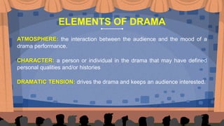 ELEMENTS OF DRAMA
ATMOSPHERE: the interaction between the audience and the mood of a
drama performance.
CHARACTER: a person or individual in the drama that may have defined
personal qualities and/or histories
DRAMATIC TENSION: drives the drama and keeps an audience interested.
 
