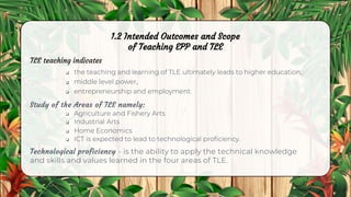 1.2 Intended Outcomes and Scope
of Teaching EPP and TLE
 the teaching and learning of TLE ultimately leads to higher education,
TLE teaching indicates
 middle level power,
 entrepreneurship and employment.
Study of the Areas of TLE namely:
 Agriculture and Fishery Arts
 Industrial Arts
 Home Economics
 ICT is expected to lead to technological proficiency.
Technological proficiency - is the ability to apply the technical knowledge
and skills and values learned in the four areas of TLE.
 
