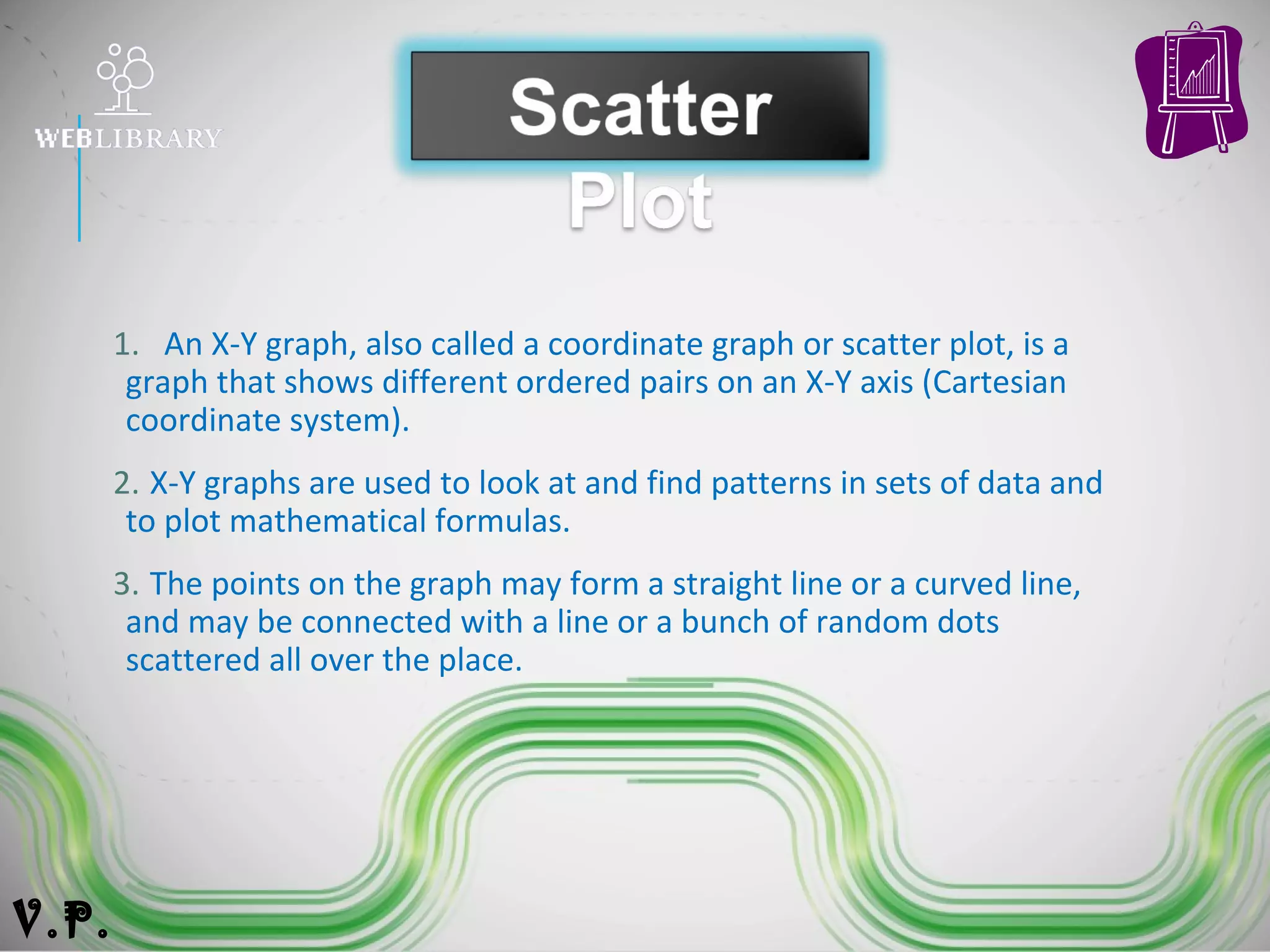 1. An X-Y graph, also called a coordinate graph or scatter plot, is a
graph that shows different ordered pairs on an X-Y axis (Cartesian
coordinate system).
2. X-Y graphs are used to look at and find patterns in sets of data and
to plot mathematical formulas.
3. The points on the graph may form a straight line or a curved line,
and may be connected with a line or a bunch of random dots
scattered all over the place.
V.P.
 