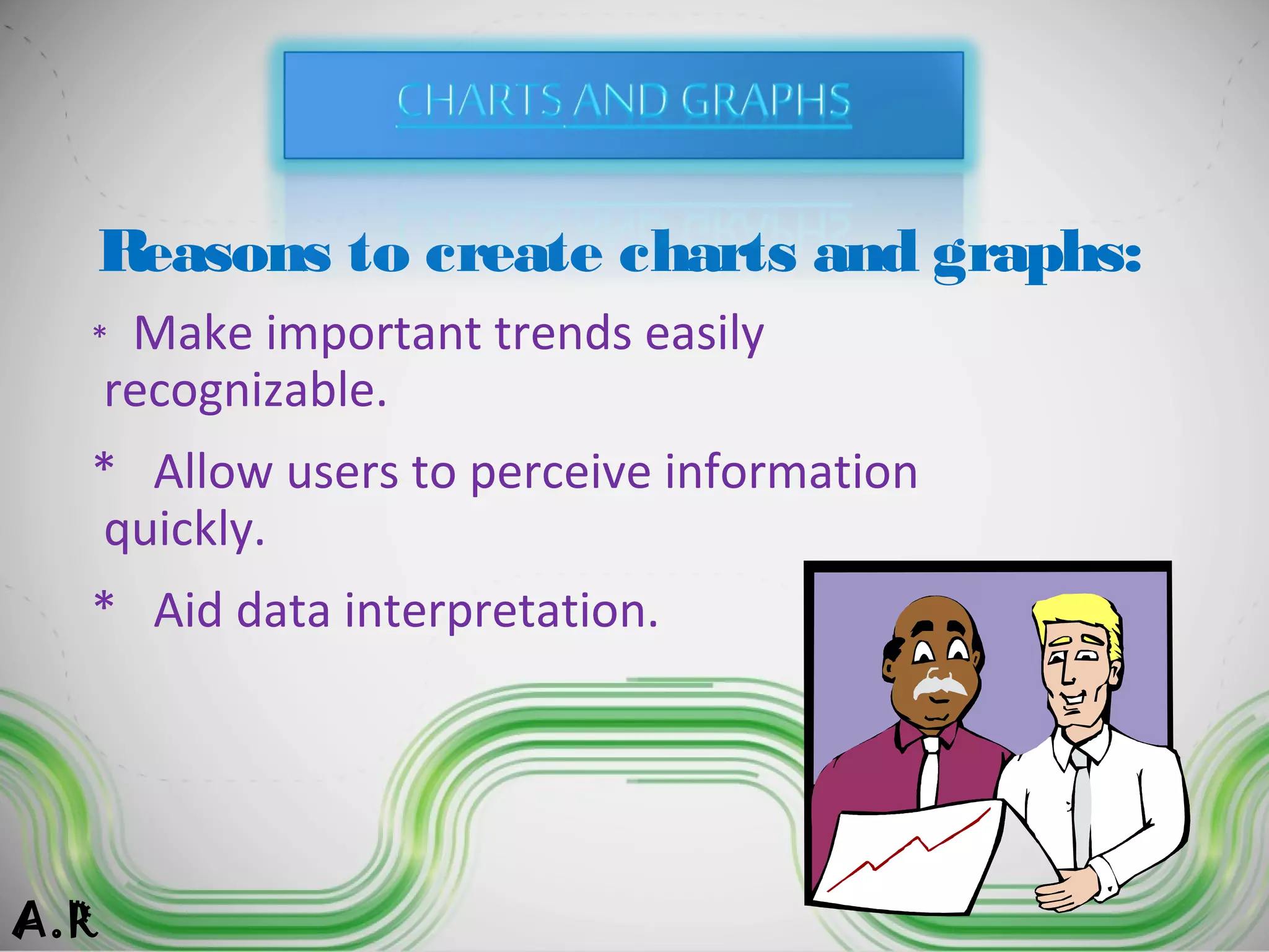 * Make important trends easily
recognizable.
* Allow users to perceive information
quickly.
* Aid data interpretation.
Reasons to create charts and graphs:
A.R
 