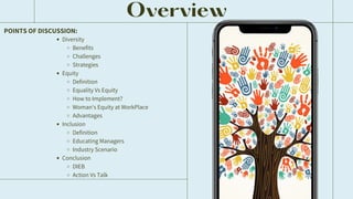 Overview
POINTS OF DISCUSSION:
Diversity
Benefits
Challenges
Strategies
Equity
Definition
Equality Vs Equity
How to Implement?
Woman's Equity at WorkPlace
Advantages
Inclusion
Definition
Educating Managers
Industry Scenario
Conclusion
DIEB
Action Vs Talk
 