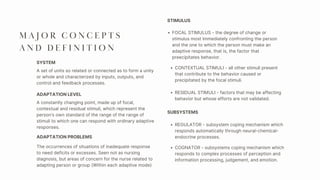 M A J O R C O N C E P T S
A N D D E F I N I T I O N
A constantly changing point, made up of focal,
contextual and residual stimuli, which represent the
person’s own standard of the range of the range of
stimuli to which one can respond with ordinary adaptive
responses.
ADAPTATION LEVEL
The occurrences of situations of inadequate response
to need deficits or excesses. Seen not as nursing
diagnosis, but areas of concern for the nurse related to
adapting person or group (Within each adaptive mode)
ADAPTATION PROBLEMS
FOCAL STIMULUS - the degree of change or
stimulus most immediately confronting the person
and the one to which the person must make an
adaptive response, that is, the factor that
preecipitates behavior.
STIMULUS
REGULATOR - subsystem coping mechanism which
responds automatically through neural-chemical-
endocrine processes.
SUBSYSTEMS
A set of units so related or connected as to form a unity
or whole and characterized by inputs, outputs, and
control and feedback processes.
SYSTEM
CONTEXTUAL STIMULI - all other stimuli present
that contribute to the behavior caused or
precipitated by the focal stimuli.
RESIDUAL STIMULI - factors that may be affecting
behavior but whose efforts are not validated.
COGNATOR - subsystems coping mechanism which
responds to complex processes of perception and
information processing, judgement, and emotion.
 