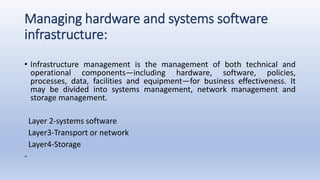 Managing hardware and systems software
infrastructure:
• Infrastructure management is the management of both technical and
operational components—including hardware, software, policies,
processes, data, facilities and equipment—for business effectiveness. It
may be divided into systems management, network management and
storage management.
Layer 2-systems software
Layer3-Transport or network
Layer4-Storage
-
 