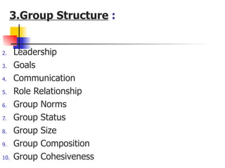 3.Group Structure :


2.    Leadership
3.    Goals
4.    Communication
5.    Role Relationship
6.    Group Norms
7.    Group Status
8.    Group Size
9.    Group Composition
10.   Group Cohesiveness
 
