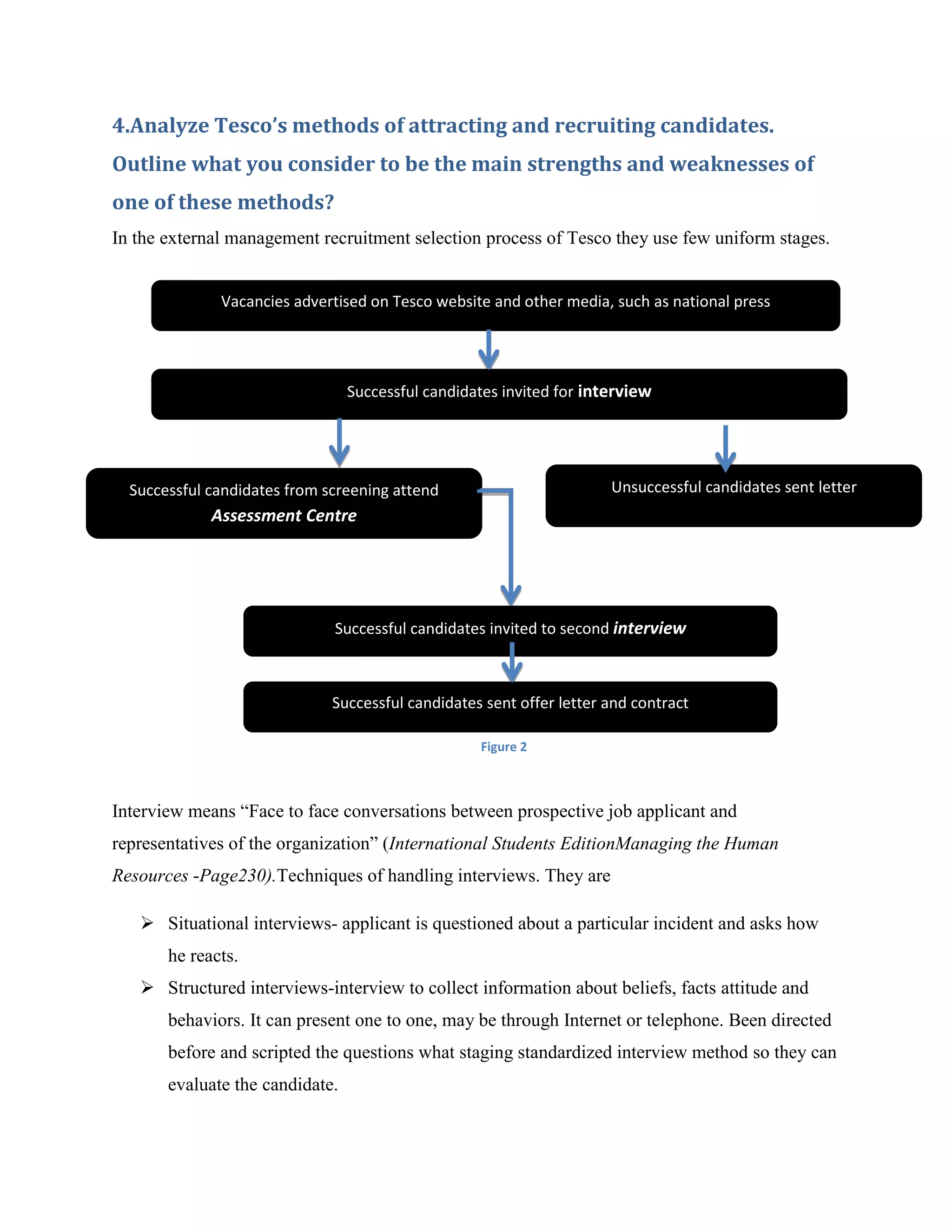 4.Analyze Tesco’s methods of attracting and recruiting candidates.
Outline what you consider to be the main strengths and weaknesses of
one of these methods?
In the external management recruitment selection process of Tesco they use few uniform stages.


              Vacancies advertised on Tesco website and other media, such as national press




                                 Successful candidates invited for interview




  Successful candidates from screening attend                         Unsuccessful candidates sent letter
             Assessment Centre




                              Successful candidates invited to second interview



                              Successful candidates sent offer letter and contract

                                                   Figure 2



Interview means “Face to face conversations between prospective job applicant and
representatives of the organization” (International Students EditionManaging the Human
Resources -Page230).Techniques of handling interviews. They are

    Situational interviews- applicant is questioned about a particular incident and asks how
       he reacts.
    Structured interviews-interview to collect information about beliefs, facts attitude and
       behaviors. It can present one to one, may be through Internet or telephone. Been directed
       before and scripted the questions what staging standardized interview method so they can
       evaluate the candidate.
 