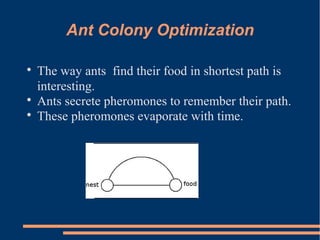 Ant Colony Optimization

The way ants find their food in shortest path is
interesting.

Ants secrete pheromones to remember their path.

These pheromones evaporate with time.
 