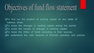 To find out the position of working capital on two dates of
balance sheet.
To know the changes in working capital during this period.
To know the causes of changes in working capital.
To know the inflow of funds according to their sources.
to understand the main features of financial operation and policies
 