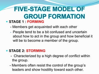 FIVE-STAGE MODEL OF 
GROUP FORMATION 
 STAGE 1 : FORMING 
- Members get acquainted with each other 
- People tend to be a bit confused and uncertain 
about how to act in the group and how beneficial it 
will be to become a member of the group. 
 STAGE 2: STORMING 
- Characterized by a high degree of conflict within 
the group. 
- Members often resist the control of the group’s 
leaders and show hostility toward each other. 
 